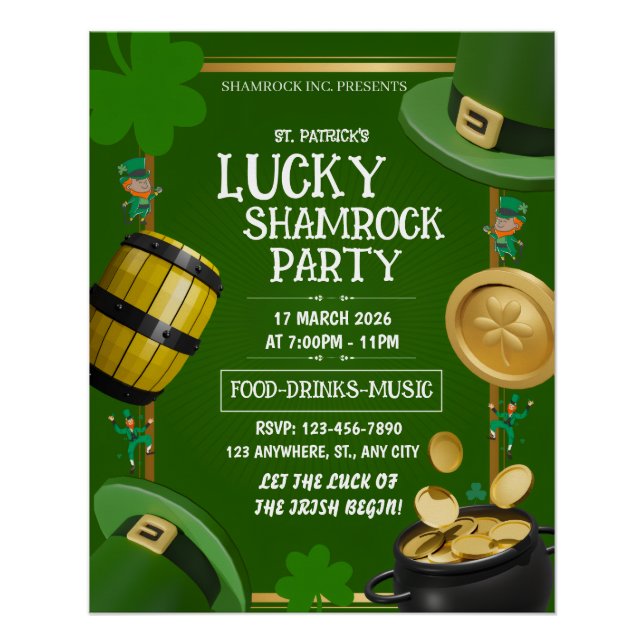 Póster Festa do Trevo da Sorte de St. Paddy Personalizáve (Frente)