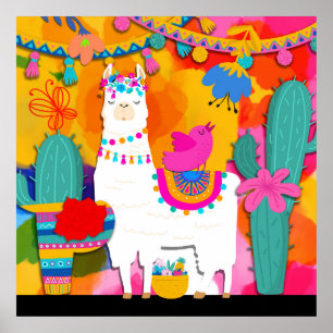Poster Festa Llama Cinco De Mayo Colorido Diversão Aquare