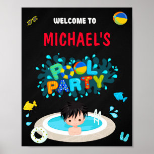 Poster Festa na piscina bem-vinda do waterslide do menino