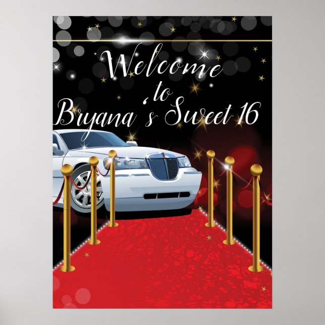 Poster Festa White Limo Red Carpet Hollywood Sweet 16 (Frente)