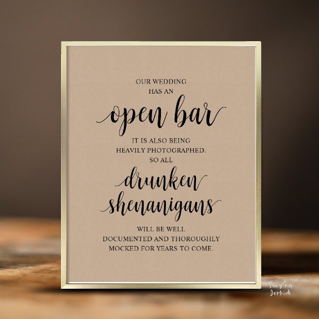 Poster Festas de Casamento Rústico Moderno com Bar Aberto (Modern Rustic Wedding Open Bar Drunken Shenanigans Poster in Cottage Brown Kraft)