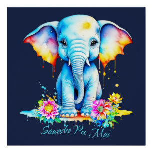 Póster Festival de Songkran de Elefante de Aquarela