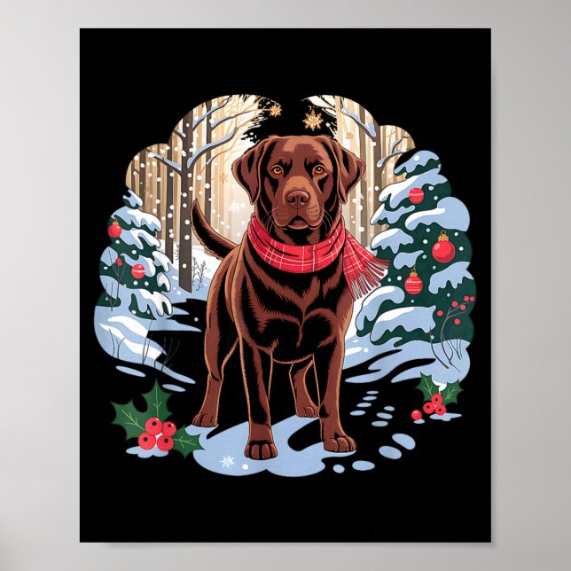 Poster Festive Chocolate Lab In Snowy Forest Winter Xmas  (Frente)