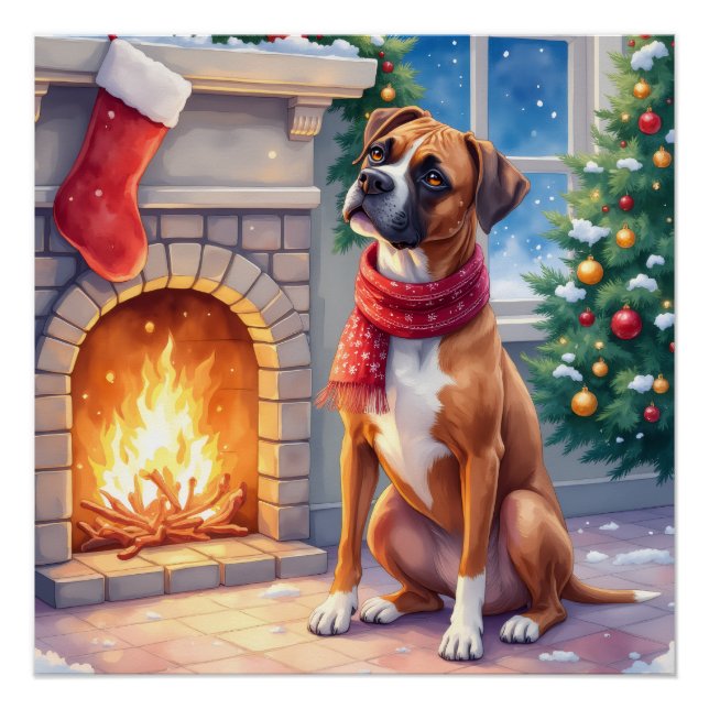 Póster Festive Fireplace Boxer Christmas Art (Frente)