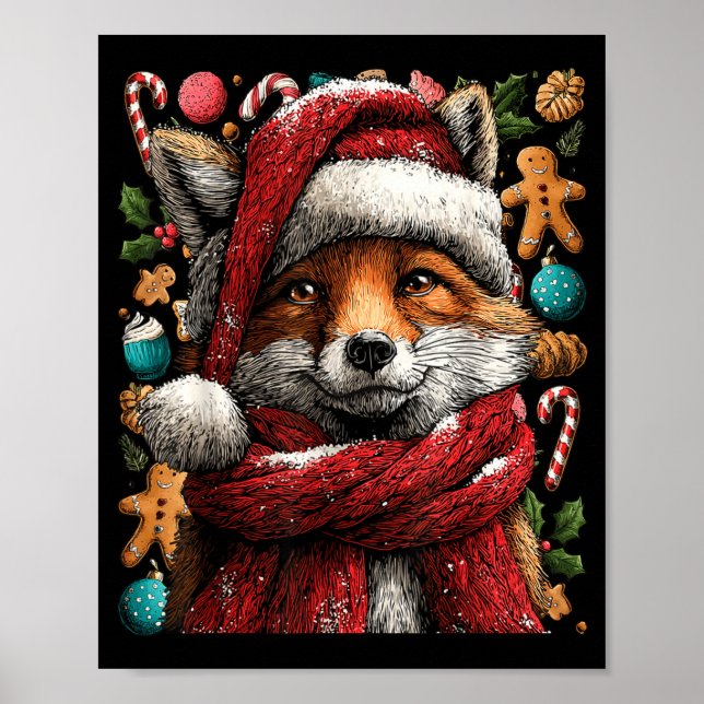 Poster Festive Fox With Snow Santa Hat Winter Christmas A (Frente)