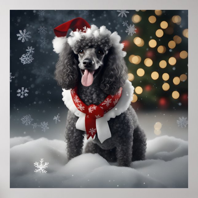 Poster Festivo Black Poodle Feriado De Natal Em Neve (Frente)