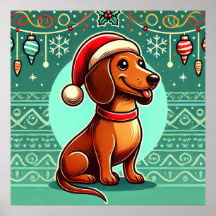 Poster Festivo Dachshund Vestindo Santa Hat