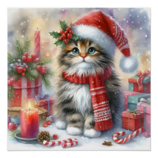 Póster Festivo e Adorável, Cozy Kitten de Natal