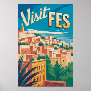 Poster Fez Marrocos África Ilustração Viagem Arte Vintage