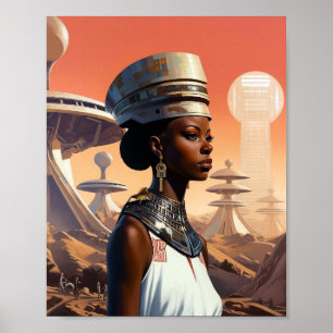 Poster Ficção científica afrofuturista rainha futurística