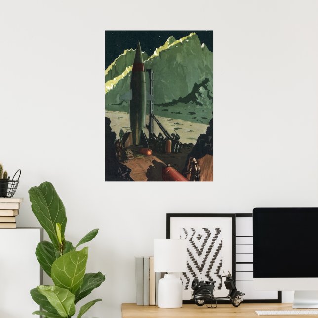 Póster Ficção científica retrô, foguete em planeta estran (Escritório em casa)