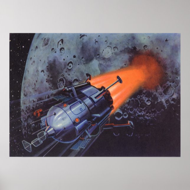 Póster Ficção científica retrô, foguete lunar decolando (Frente)
