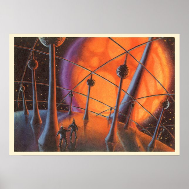 Póster Ficção Científica Vintage, Sol Laranja e Alienígen (Frente)