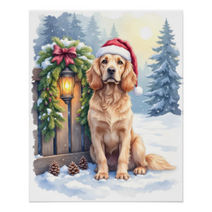 Póster Field Spaniel Cerca Nevada Chapéu de Papai Noel Ar