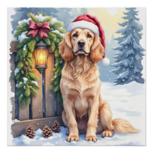 Póster Field Spaniel Cerca Nevosa Chapéu de Papai Noel Ar