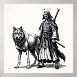Poster Fierce Bond: Arte com carvão Samurai e Wolf