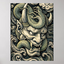 Poster Fierce Horned Demon Serpent Storm Pop Art