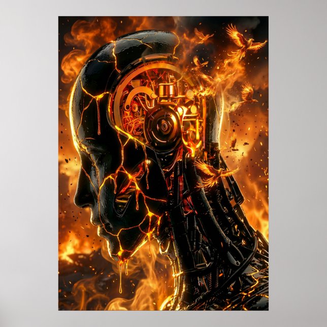 Poster Fiery Cybernetic Phoenix Cracked Robot Head (Frente)