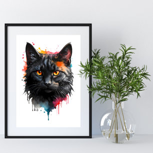 Poster Fiery Gaze Black Cat Watercolor Wall Art