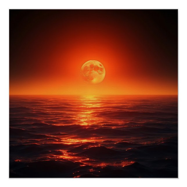 Póster Fiery Moon Sobre O Calmo Oceano Fantasy Sunset (Frente)