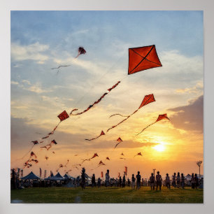 Poster Fiery Sunset Kites - Festival Silhouettes