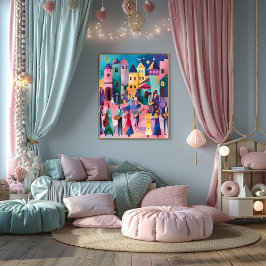 Póster Fiesta en la Ciudad: Paisaje Folk y Naive Colorido