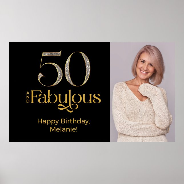 Poster Fifty and Fabulous Gold Black 50th Birthday Photo (Frente)