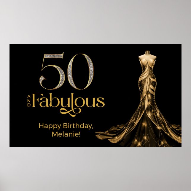 Poster Fifty and Fabulous Gold Dress Black 50th Birthday (Frente)