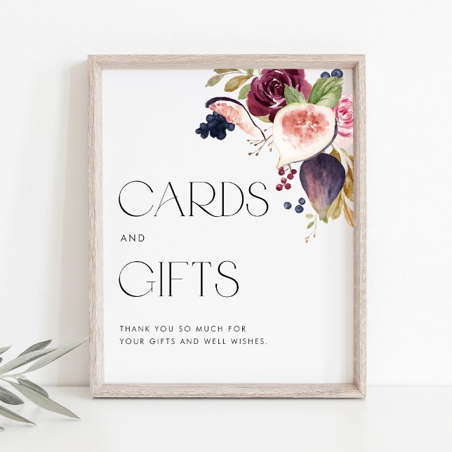Poster Figos e Berry Floral Wedding Cards e presentes (Watercolor cards and gifts sign with watercolor figs, berries and flowers. Perfect for fall events.)
