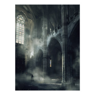 Póster Figura Encapuzada em Catedral Gótica Abandonada