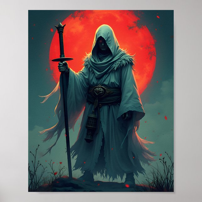 Poster Figura Encapuzada Misteriosa Sob a Lua de Sangue (Frente)
