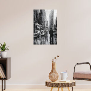 Poster Figura na chuva em preto e branco - arte