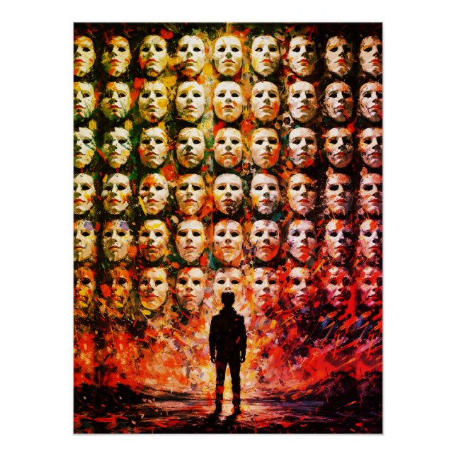 Póster Figura Sem Rosto Multidão Máscara Impasto Surreal  (Frente)