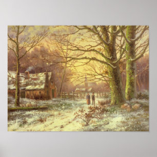 Poster Figuras em um trajeto antes de uma vila no inverno