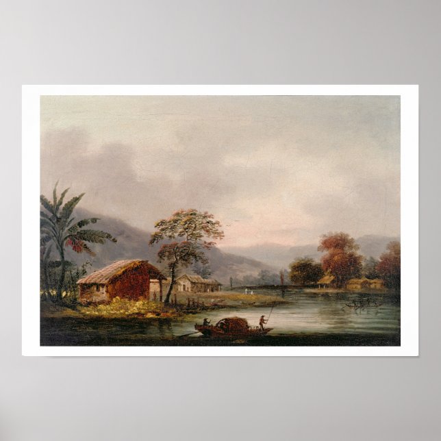 Póster Figuras guiando uma tenda Sampan em um rio. (Frente)