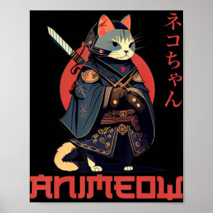Poster Figurino divertido de ANIMEOW Samurai Kawaii Cat N