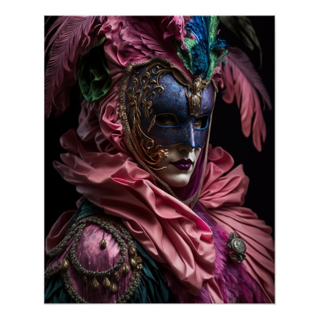 Póster Figurino E Máscara Rosa De Carnaval Veneza. (Frente)