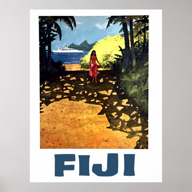 Poster Fiji, mulher na costa trópica e barco turístico (Frente)