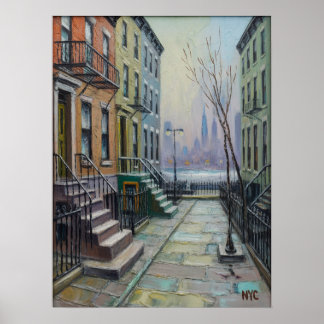 Poster Fila de Brownstone do Brooklyn com o horizonte de