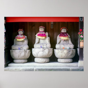 Poster Fila de estátuas de monge Jizo com bib e chapéu -