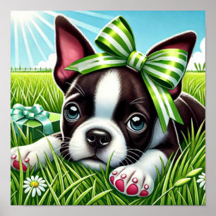 Poster Filhote brincalhão de Boston Terrier com Laço Verd
