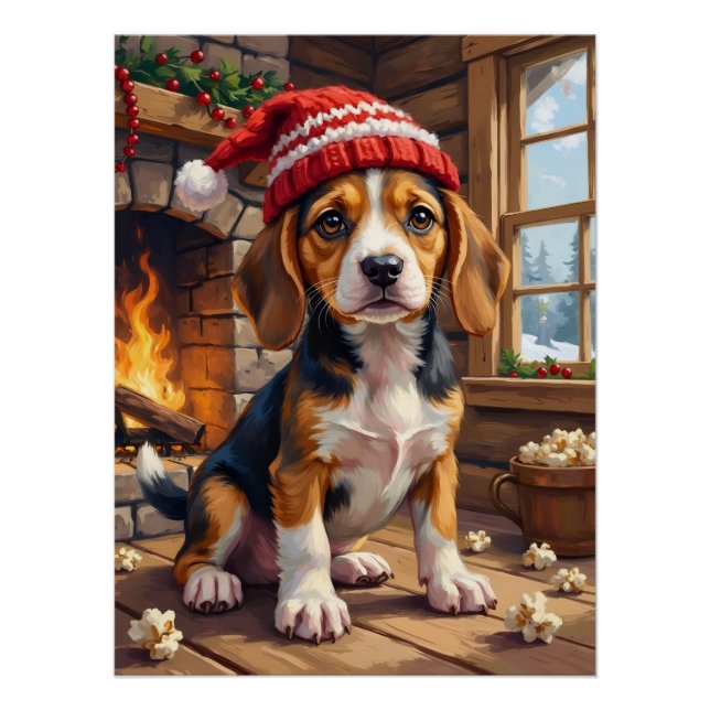 Póster Filhote de Beagle Alegre em Gorro de Meia Aconcheg (Frente)