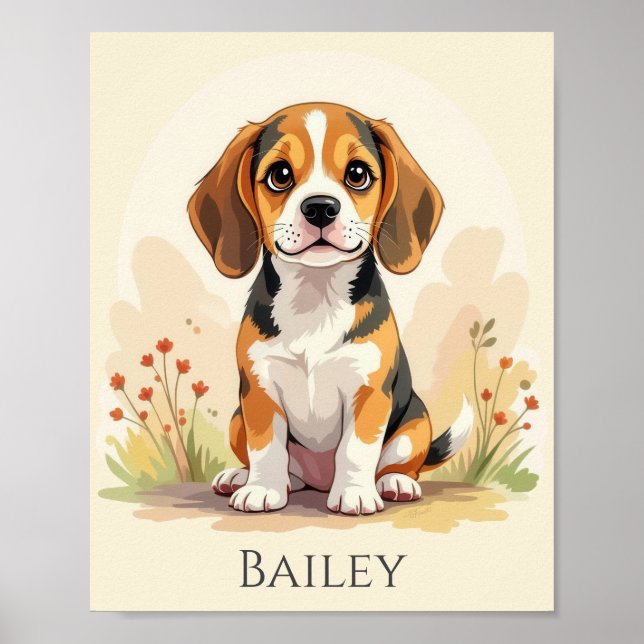 Poster Filhote de Beagle Tricolor Preto, Marrom e Branco  (Frente)