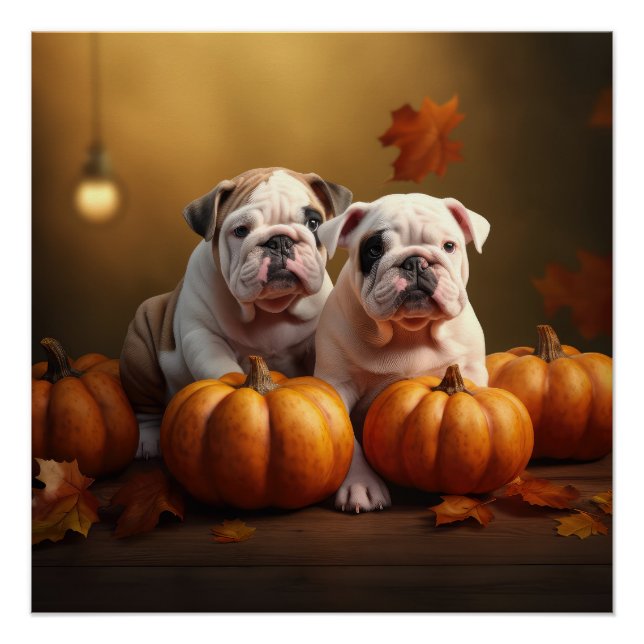Póster Filhote de Bulldog Outono Prazer Abóbora (Frente)