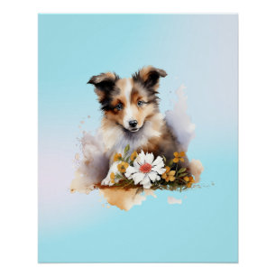 Póster Filhote de cão de pastor Shetland Pet Aguarela Flo