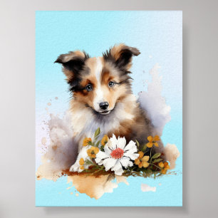 Poster Filhote de cão de pastor Shetland Pet Aguarela Flo