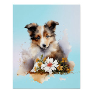 Póster Filhote de cão de pastor Shetland Pet Aguarela Flo