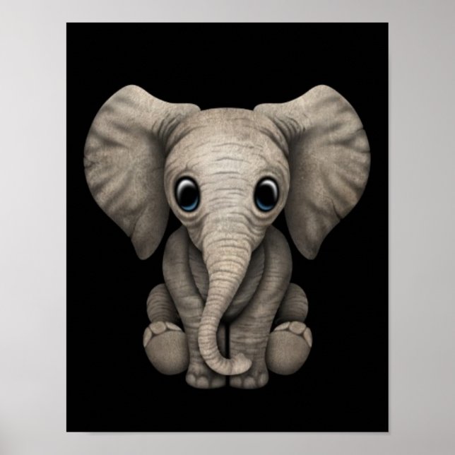 Póster Filhote de Elefante Bonito Sentado, Preto (Frente)