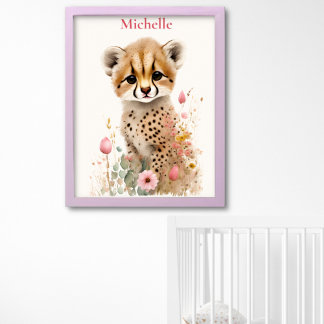 Poster Filhote de Guepardo Fofo Aquarela Pastel Flores de