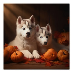 Póster Filhote de Husky Siberiano Delícia de Outono Abóbo